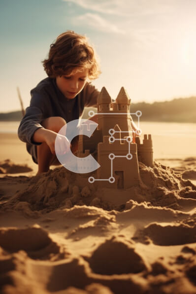 Intra Συλλεκτικό Ξύλινο Παζλ Plywood  4mm - Young Boy που χτίζει τα κάστρα Teddy Bear στην παραλία Σε Ξύλινο Κουτί - Διαστάσεις Puzzle: 10x10 cm – 25 κομμάτια