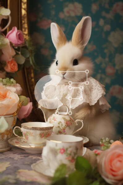 Σετ των 2 Intra Συλλεκτικό Ξύλινο Παζλ Plywood  4mm - Κομψό λευκό κουνελάκι σε ένα πάρτι για τσάι με φλιτζάνια και πιατάκια Σε Ξύλινο Κουτί - Διαστάσεις: 10x10 cm – 25 κομμάτια