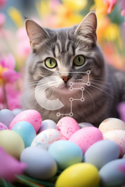 Σετ των 2 Intra Συλλεκτικό Ξύλινο Παζλ Plywood  4mm - Γκρίζα γάτα με πασχαλινά αυγά και λουλούδια Σε Ξύλινο Κουτί - Διαστάσεις: 10x10 cm – 25 κομμάτια