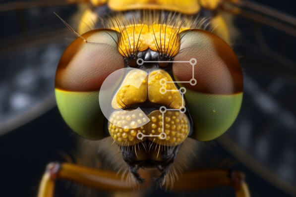 Intra Συλλεκτικό Ξύλινο Παζλ Plywood  4mm - Κοντινό πλάνο του προσώπου μιας κίτρινης και πράσινης λιβελλούλης Σε Ξύλινο Κουτί - Διαστάσεις: 10x10 cm – 25 κομμάτια