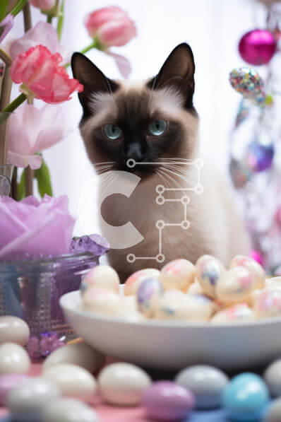 Σετ των 2 Intra Συλλεκτικό Ξύλινο Παζλ Plywood  4mm - Σιαμέζικη γάτα με πασχαλινά αυγά και λουλούδια Σε Ξύλινο Κουτί - Διαστάσεις: 10x10 cm – 25 κομμάτια