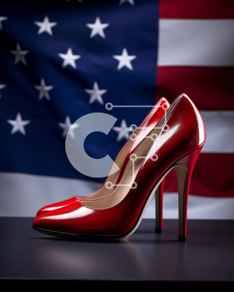 Intra Συλλεκτικό Ξύλινο Παζλ Plywood  4mm - Κόκκινα ψηλοτάκουνα παπούτσια με φόντο την αμερικανική σημαία Σε Ξύλινο Κουτί - Διαστάσεις Puzzle: 10x10 cm – 25 κομμάτια