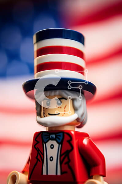 Intra Συλλεκτικό Ξύλινο Παζλ Plywood  4mm - Φιγούρα Lego με Καπέλο εμπνευσμένο από αμερικανική σημαία σε πατριωτικό φόντο Σε Ξύλινο Κουτί - Διαστάσεις: 10x10 cm – 25 κομμάτια