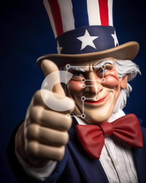 Intra Συλλεκτικό Ξύλινο Παζλ Plywood  4mm - Πατριωτικό άγαλμα θείου με καπέλο αμερικανικής σημαίας και αντίχειρες επάνω Σε Ξύλινο Κουτί - Διαστάσεις Puzzle: 10x10 cm – 25 κομμάτια