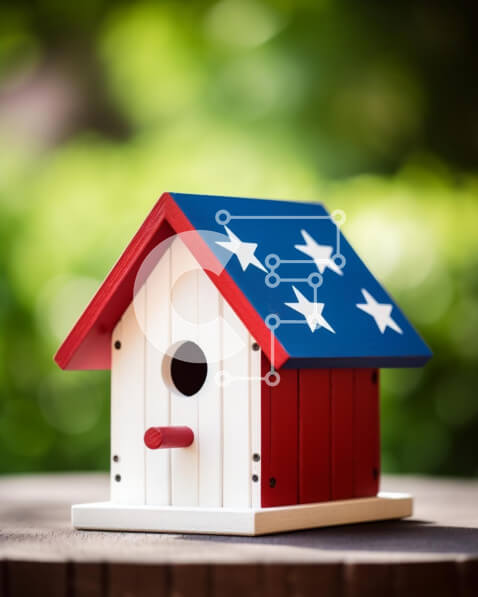 Intra Συλλεκτικό Ξύλινο Παζλ Plywood  4mm - Patriotic Birdhouse με αστέρια και ρίγες σε εξωτερικό περιβάλλον Σε Ξύλινο Κουτί - Διαστάσεις: 10x10 cm – 25 κομμάτια