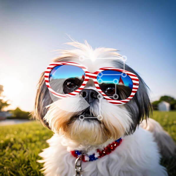 Intra Συλλεκτικό Ξύλινο Παζλ Plywood  4mm - Μικρό σκυλί που φορά γυαλιά ηλίου με αμερικανική σημαία σε εξωτερικούς χώρους Σε Ξύλινο Κουτί - Διαστάσεις Puzzle: 10x10 cm – 25 κομμάτια