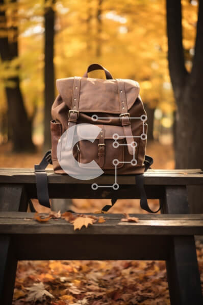 Intra Συλλεκτικό Ξύλινο Παζλ Plywood  4mm - Καφέ σακίδιο πλάτης σε υπαίθριο τραπέζι πικνίκ το φθινόπωρο Σε Ξύλινο Κουτί - Διαστάσεις Puzzle: 10x10 cm – 25 κομμάτια