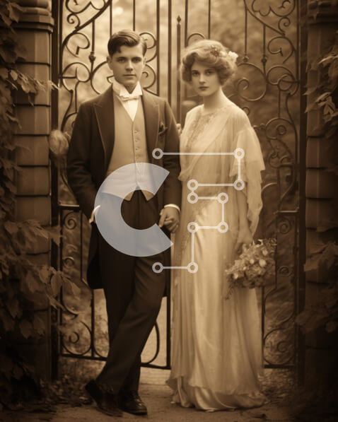 Intra Συλλεκτικό Ξύλινο Παζλ Plywood  4mm - Αρραβωνιασμένο ή πρόσφατα παντρεμένο ζευγάρι μπροστά από την περίτεχνη πύλη Σε Ξύλινο Κουτί - Διαστάσεις: 10x10 cm – 25 κομμάτια