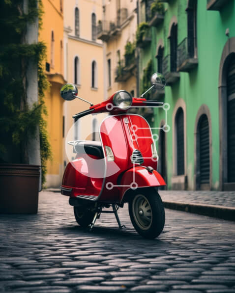 Intra Συλλεκτικό Ξύλινο Παζλ Plywood  4mm - Κόκκινο μοτοποδήλατο μπροστά από πολύχρωμα κτίρια Σε Ξύλινο Κουτί - Διαστάσεις Puzzle: 10x10 cm – 25 κομμάτια