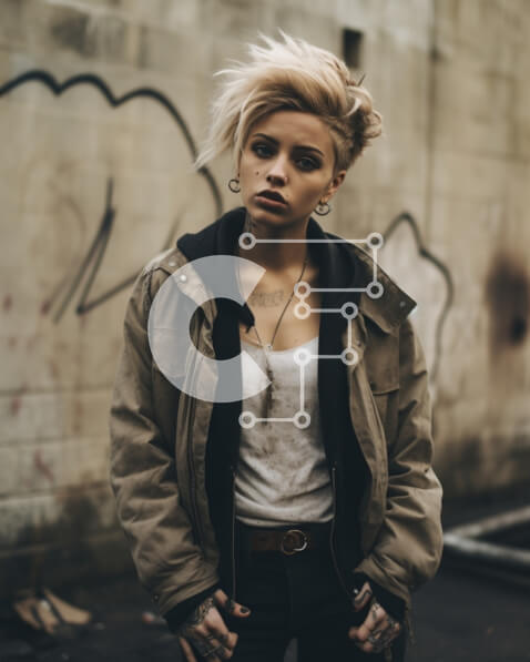 Intra Συλλεκτικό Ξύλινο Παζλ Plywood  4mm - Νεαρή γυναίκα με κοντά μαλλιά μπροστά από τοίχους καλυμμένους με γκράφιτι Σε Ξύλινο Κουτί - Διαστάσεις Puzzle: 10x10 cm – 25 κομμάτια