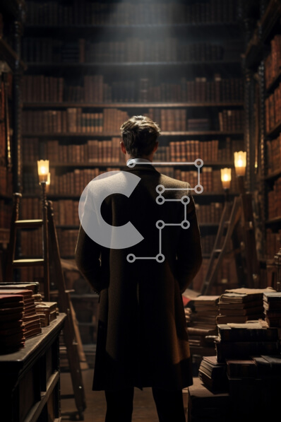 Intra Συλλεκτικό Ξύλινο Παζλ Plywood  4mm - Άνθρωπος στην άδεια βιβλιοθήκη που περιβάλλεται από ράφια και σκάλες Σε Ξύλινο Κουτί - Διαστάσεις Puzzle: 10x10 cm – 25 κομμάτια