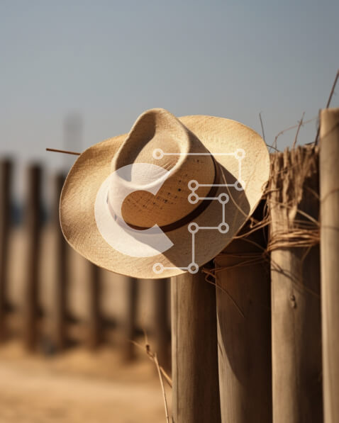 Intra Συλλεκτικό Ξύλινο Παζλ Plywood  4mm - Ψάθινο καπέλο που στηρίζεται σε ξύλινο φράχτη κοντά στην παραλία Σε Ξύλινο Κουτί - Διαστάσεις: 10x10 cm – 25 κομμάτια