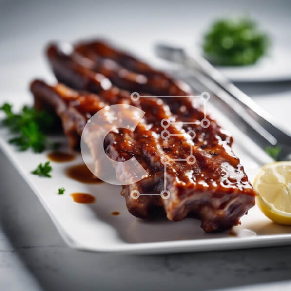 Σετ των 2 Intra Συλλεκτικό Ξύλινο Παζλ Plywood  4mm - Παϊδάκια μπάρμπεκιου με λεμόνι και μαϊντανό σε λευκό πιάτο Σε Ξύλινο Κουτί - Διαστάσεις: 10x10 cm – 25 κομμάτια