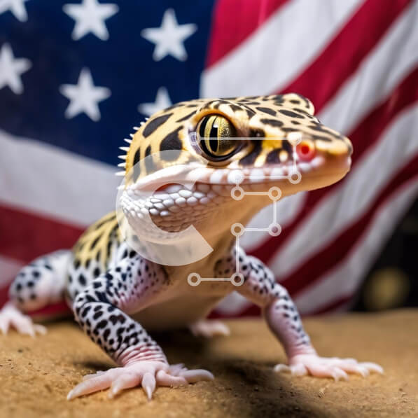 Intra Συλλεκτικό Ξύλινο Παζλ Plywood  4mm - Leopard Gecko μπροστά από την αμερικανική σημαία Σε Ξύλινο Κουτί - Διαστάσεις: 10x10 cm – 25 κομμάτια