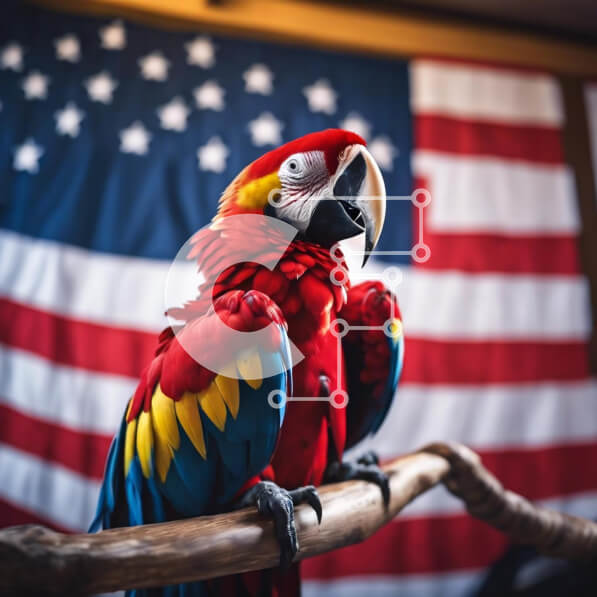 Intra Συλλεκτικό Ξύλινο Παζλ Plywood  4mm - Πολύχρωμος παπαγάλος στον κλάδο αμερικανικής σημαίας Σε Ξύλινο Κουτί - Διαστάσεις: 10x10 cm – 25 κομμάτια