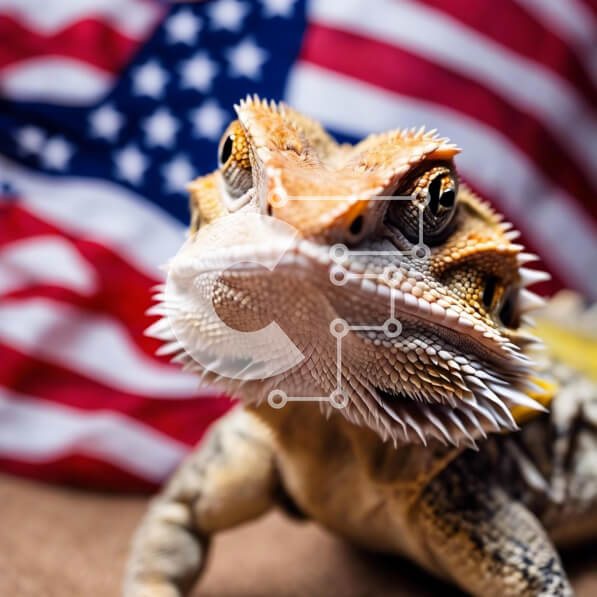 Intra Συλλεκτικό Ξύλινο Παζλ Plywood  4mm - Περίεργη γενειοφόρος σαύρα μπροστά από την αμερικανική σημαία Σε Ξύλινο Κουτί - Διαστάσεις: 10x10 cm – 25 κομμάτια