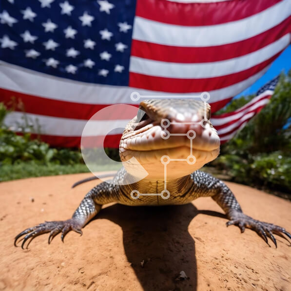 Intra Συλλεκτικό Ξύλινο Παζλ Plywood  4mm - Σαύρα που στέκεται μπροστά από την αμερικανική σημαία Σε Ξύλινο Κουτί - Διαστάσεις: 10x10 cm – 25 κομμάτια