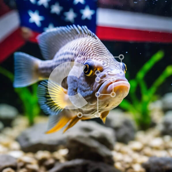 Intra Συλλεκτικό Ξύλινο Παζλ Plywood  4mm - Αποκατασταθέν ψάρι σε ενυδρείο με αμερικανική σημαία Σε Ξύλινο Κουτί - Διαστάσεις: 10x10 cm – 25 κομμάτια