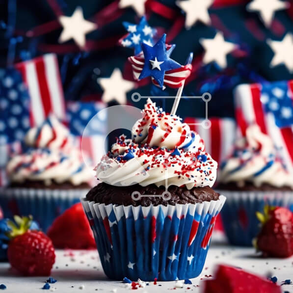 Σετ των 2 Intra Συλλεκτικό Ξύλινο Παζλ Plywood  4mm - Πατριωτικό Cupcake με Κόκκινο, Λευκό και Μπλε Φόντο και Αμερικάνικη Σημαία Σε Ξύλινο Κουτί - Διαστάσεις: 10x10 cm – 25 κομμάτια