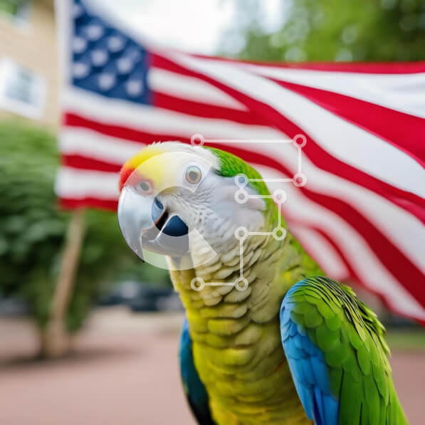 Intra Συλλεκτικό Ξύλινο Παζλ Plywood  4mm - Πράσινος και κίτρινος παπαγάλος που στέκεται μπροστά από την αμερικανική σημαία Σε Ξύλινο Κουτί - Διαστάσεις: 10x10 cm – 25 κομμάτια