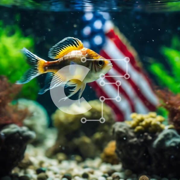 Intra Συλλεκτικό Ξύλινο Παζλ Plywood  4mm - Υγιές χρυσόψαρο στο ενυδρείο με φόντο αμερικανικής σημαίας Σε Ξύλινο Κουτί - Διαστάσεις: 10x10 cm – 25 κομμάτια