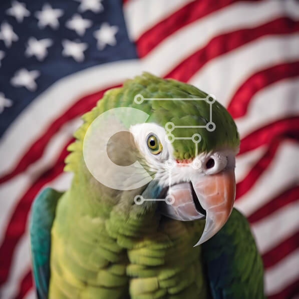 Intra Συλλεκτικό Ξύλινο Παζλ Plywood  4mm - Πράσινος παπαγάλος με αμερικανική σημαία Σε Ξύλινο Κουτί - Διαστάσεις: 10x10 cm – 25 κομμάτια