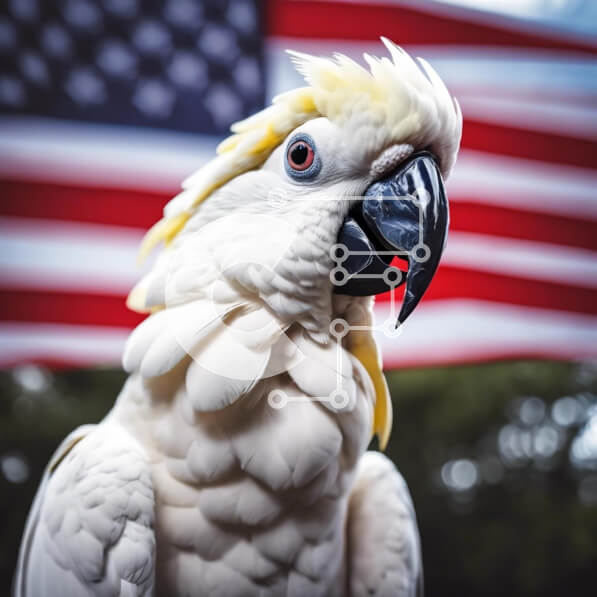 Intra Συλλεκτικό Ξύλινο Παζλ Plywood  4mm - Περίεργος λευκός παπαγάλος με φόντο αμερικανικής σημαίας Σε Ξύλινο Κουτί - Διαστάσεις: 10x10 cm – 25 κομμάτια