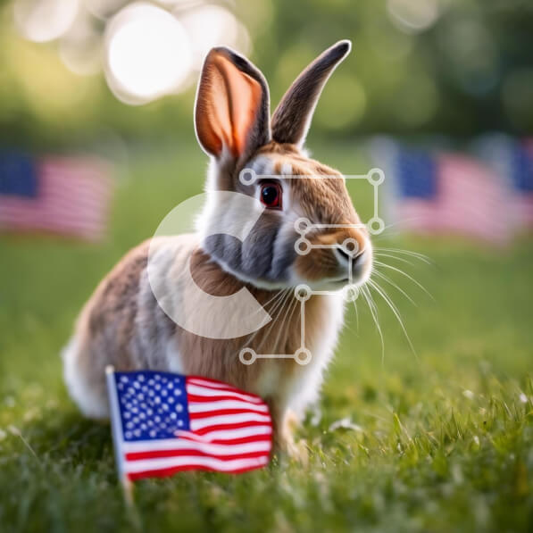 Intra Συλλεκτικό Ξύλινο Παζλ Plywood  4mm - Περίεργο κουνέλι που κάθεται δίπλα στην αμερικανική σημαία Σε Ξύλινο Κουτί - Διαστάσεις: 10x10 cm – 25 κομμάτια