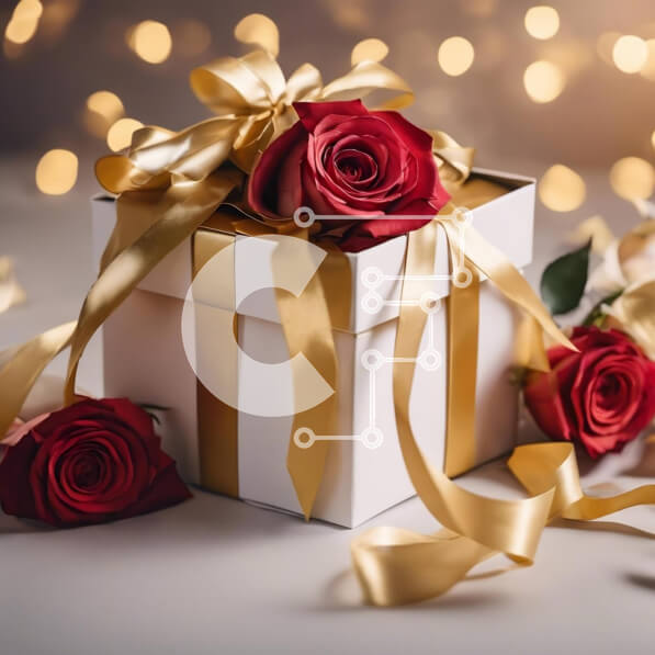 Intra Συλλεκτικό Ξύλινο Παζλ Plywood  4mm - Λευκό κουτί δώρου με κόκκινα τριαντάφυλλα και χρυσές κορδέλες Σε Ξύλινο Κουτί - Διαστάσεις: 10x10 cm – 25 κομμάτια