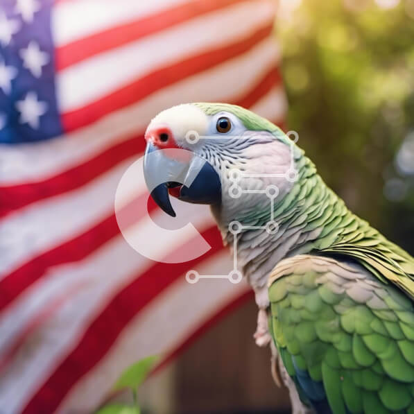 Intra Συλλεκτικό Ξύλινο Παζλ Plywood  4mm - Πράσινος παπαγάλος που στέκεται μπροστά από την αμερικανική σημαία Σε Ξύλινο Κουτί - Διαστάσεις: 10x10 cm – 25 κομμάτια