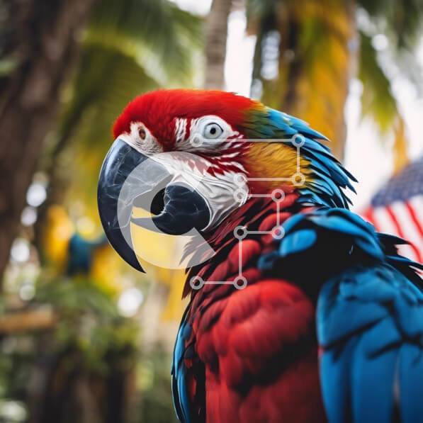 Intra Συλλεκτικό Ξύλινο Παζλ Plywood  4mm - Πολύχρωμος παπαγάλος με φοίνικες και αμερικανική σημαία Σε Ξύλινο Κουτί - Διαστάσεις: 10x10 cm – 25 κομμάτια