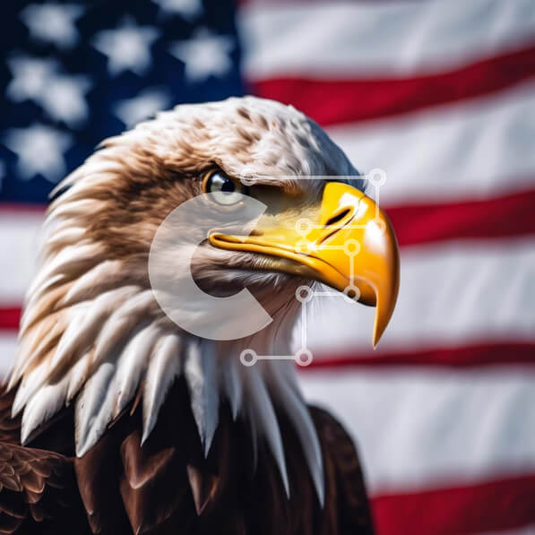 Intra Συλλεκτικό Ξύλινο Παζλ Plywood  4mm - Κοντινό πλάνο ενός αετού μπροστά από την αμερικανική σημαία Σε Ξύλινο Κουτί - Διαστάσεις: 10x10 cm – 25 κομμάτια