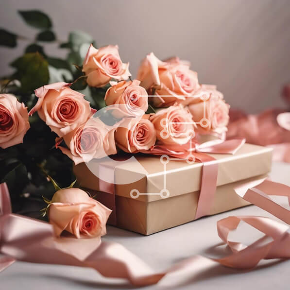 Intra Συλλεκτικό Ξύλινο Παζλ Plywood  4mm - Κουτί δώρου με ροζ τριαντάφυλλα και κορδέλα στο τραπέζι Σε Ξύλινο Κουτί - Διαστάσεις: 10x10 cm – 25 κομμάτια