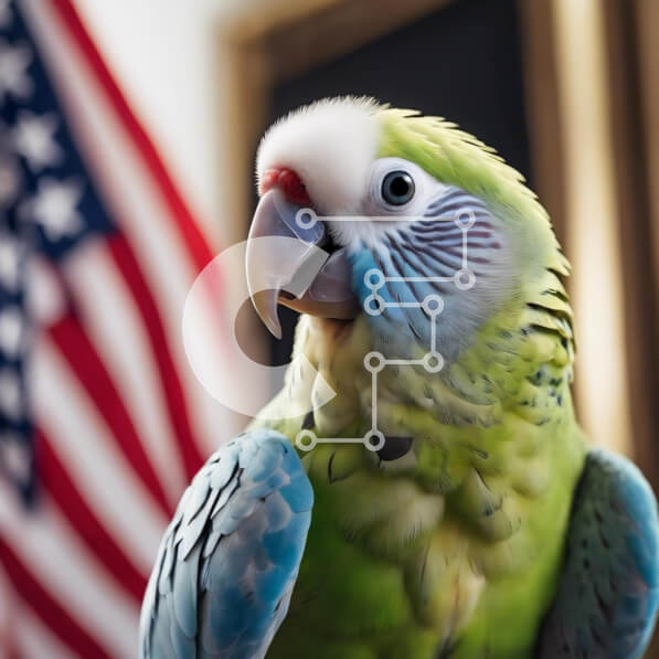 Intra Συλλεκτικό Ξύλινο Παζλ Plywood  4mm - Πράσινος και μπλε παπαγάλος στην αμερικανική σημαία Σε Ξύλινο Κουτί - Διαστάσεις: 10x10 cm – 25 κομμάτια