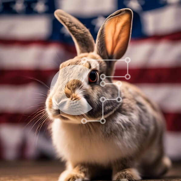 Intra Συλλεκτικό Ξύλινο Παζλ Plywood  4mm - Περίεργο κουνέλι που κάθεται μπροστά από την αμερικανική σημαία Σε Ξύλινο Κουτί - Διαστάσεις: 10x10 cm – 25 κομμάτια