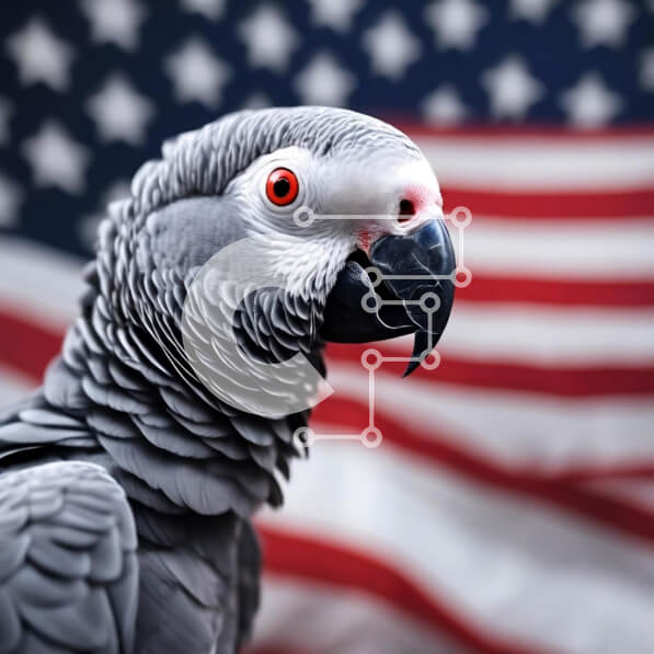 Intra Συλλεκτικό Ξύλινο Παζλ Plywood  4mm - Γκρίζος παπαγάλος μπροστά από την αμερικανική σημαία Σε Ξύλινο Κουτί - Διαστάσεις: 10x10 cm – 25 κομμάτια