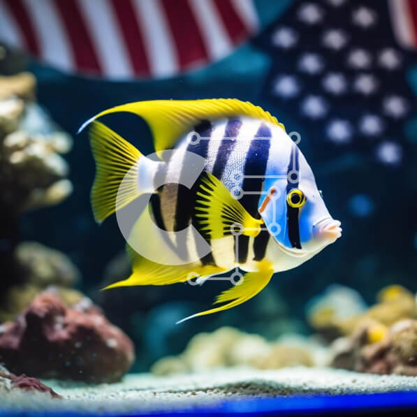 Intra Συλλεκτικό Ξύλινο Παζλ Plywood  4mm - Μαύρο και άσπρο ψάρι στο ενυδρείο με αμερικανική σημαία Σε Ξύλινο Κουτί - Διαστάσεις: 10x10 cm – 25 κομμάτια