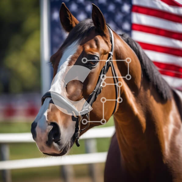 Intra Συλλεκτικό Ξύλινο Παζλ Plywood  4mm - Μεγαλοπρεπές καφέ άλογο μπροστά από την αμερικανική σημαία Σε Ξύλινο Κουτί - Διαστάσεις: 10x10 cm – 25 κομμάτια