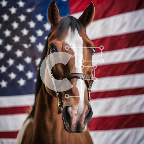 Intra Συλλεκτικό Ξύλινο Παζλ Plywood  4mm - Καφέ και άσπρο άλογο μπροστά από την αμερικανική σημαία Σε Ξύλινο Κουτί - Διαστάσεις: 10x10 cm – 25 κομμάτια