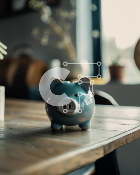 Intra Συλλεκτικό Ξύλινο Παζλ Plywood  4mm - Μπλε κουμπαράς σε δρύινο ξύλινο τραπέζι με φυτά σε γλάστρες Σε Ξύλινο Κουτί - Διαστάσεις: 10x10 cm – 25 κομμάτια