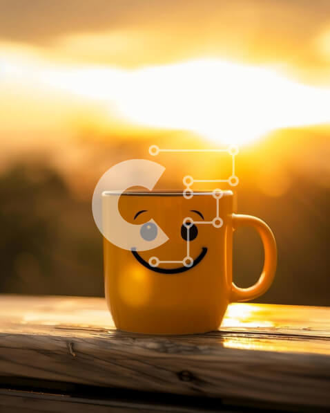 Intra Συλλεκτικό Ξύλινο Παζλ Plywood  4mm - Φλιτζάνι καφέ Smiley Face σε ξύλινο τραπέζι που βλέπει στο ηλιοβασίλεμα Σε Ξύλινο Κουτί - Διαστάσεις: 10x10 cm – 25 κομμάτια