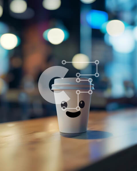 Σετ των 2 Intra Συλλεκτικό Ξύλινο Παζλ Plywood  4mm - Λευκό φλιτζάνι καφέ με χαμογελαστό πρόσωπο σε ξύλινο τραπέζι Σε Ξύλινο Κουτί - Διαστάσεις: 10x10 cm – 25 κομμάτια