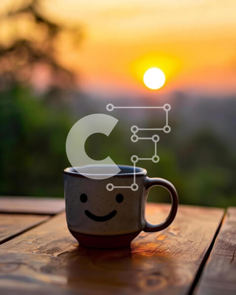 Intra Συλλεκτικό Ξύλινο Παζλ Plywood  4mm - Φλιτζάνι καφέ με χαμογελαστό πρόσωπο σε υπαίθριο ξύλινο τραπέζι στο ηλιοβασίλεμα Σε Ξύλινο Κουτί - Διαστάσεις: 10x10 cm – 25 κομμάτια