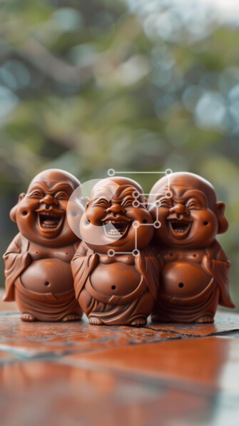 Intra Συλλεκτικό Ξύλινο Παζλ Plywood  4mm - Τρία χαμογελαστά αγάλματα του Βούδα σε ξύλινο τραπέζι Σε Ξύλινο Κουτί - Διαστάσεις Puzzle: 10x10 cm – 25 κομμάτια