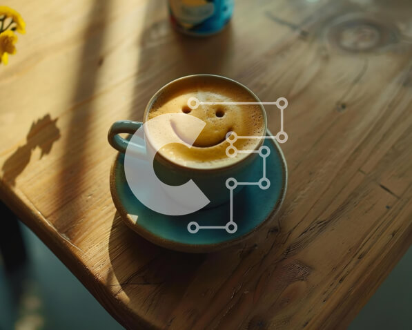 Σετ των 2 Intra Συλλεκτικό Ξύλινο Παζλ Plywood  4mm - Φλιτζάνι καφέ και πιατάκι με χαμογελαστό πρόσωπο σε ξύλινο τραπέζι με λουλούδια και χυμό πορτοκαλιού Σε Ξύλινο Κουτί - Διαστάσεις: 10x10 cm – 25 κομμάτια