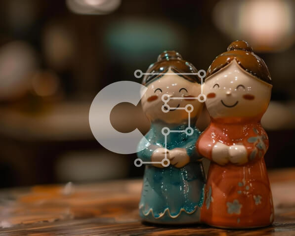 Intra Συλλεκτικό Ξύλινο Παζλ Plywood  4mm - Χαρούμενα κεραμικά ειδώλια που κρατούν τα χέρια σε ξύλινο τραπέζι Σε Ξύλινο Κουτί - Διαστάσεις Puzzle: 10x10 cm – 25 κομμάτια