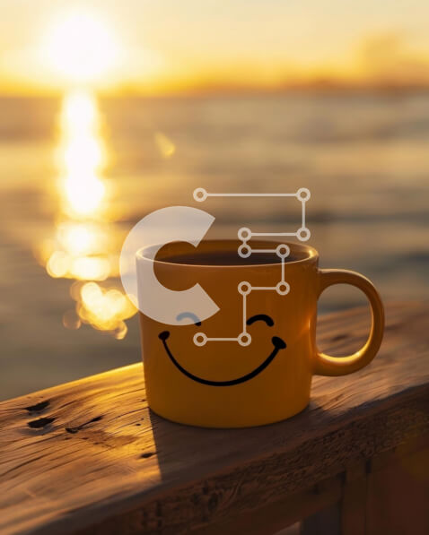 Intra Συλλεκτικό Ξύλινο Παζλ Plywood  4mm - Φλιτζάνι καφέ με χαμογελαστό πρόσωπο σε ξύλινο κιγκλίδωμα εξωτερικού χώρου Σε Ξύλινο Κουτί - Διαστάσεις Puzzle: 10x10 cm – 25 κομμάτια