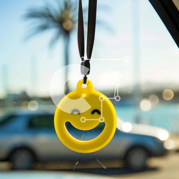 Intra Συλλεκτικό Ξύλινο Παζλ Plywood  4mm - Κίτρινο χαμογελαστό αποσμητικό χώρου στο παράθυρο αυτοκινήτου με φοίνικες Σε Ξύλινο Κουτί - Διαστάσεις Puzzle: 10x10 cm – 25 κομμάτια