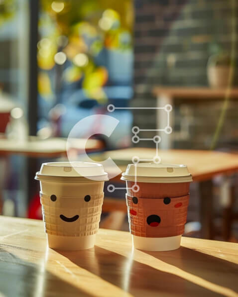 Σετ των 2 Intra Συλλεκτικό Ξύλινο Παζλ Plywood  4mm - Φλιτζάνια καφέ με χαμογελαστά πρόσωπα σε ξύλινο τραπέζι Σε Ξύλινο Κουτί - Διαστάσεις: 10x10 cm – 25 κομμάτια