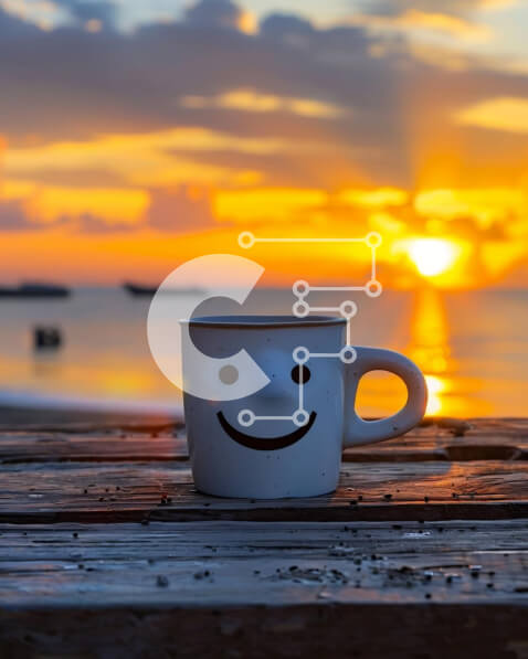 Intra Συλλεκτικό Ξύλινο Παζλ Plywood  4mm - Smiley Coffee Cup δίπλα στον ωκεανό στο ηλιοβασίλεμα Σε Ξύλινο Κουτί - Διαστάσεις Puzzle: 10x10 cm – 25 κομμάτια